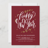 Red Modern Calligraphy and Wreath New Year Party 招待状 (正面)