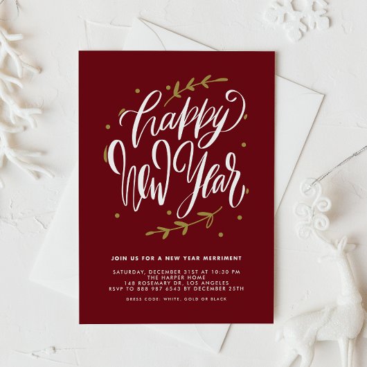 Red Modern Calligraphy and Wreath New Year Party 招待状