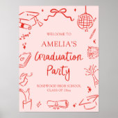 Red Modern Hand Drawn Graduation Party Welcome ポスター (正面)