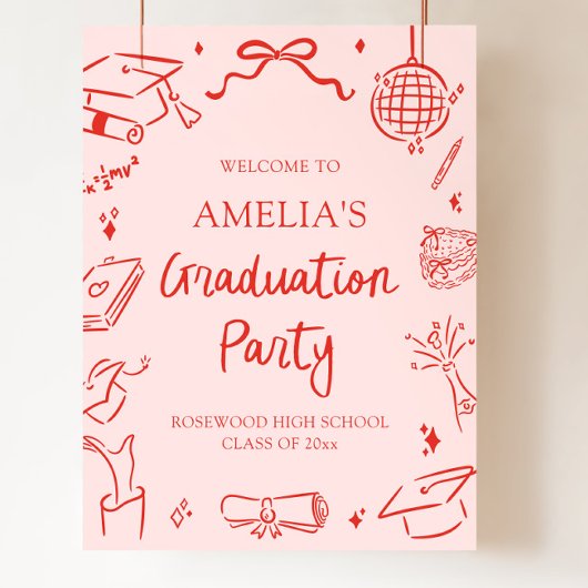 Red Modern Hand Drawn Graduation Party Welcome ポスター