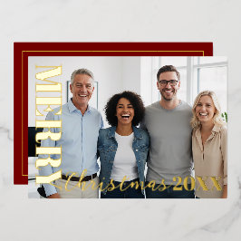 Red Modern Merry Christmas Company Logo Photo Gold 箔シーズンカード