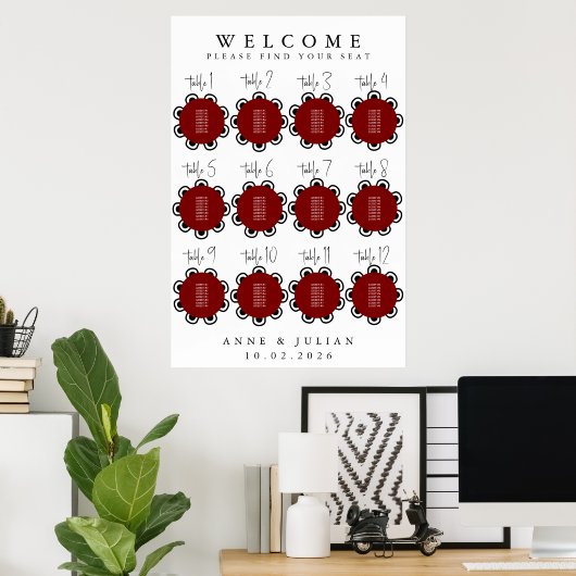 Red Modern Minimal Wedding Seating Chart Poster ポスター (ホームオフィス)