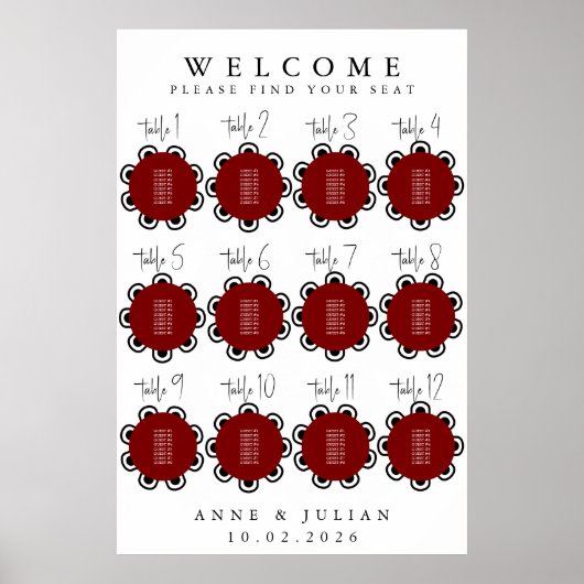 Red Modern Minimal Wedding Seating Chart Poster ポスター (正面)