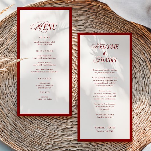 Red Modern Wedding Menu and Thank You Note Back サンキューカード