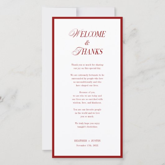 Red Modern Wedding Menu and Thank You Note Back サンキューカード (裏面)