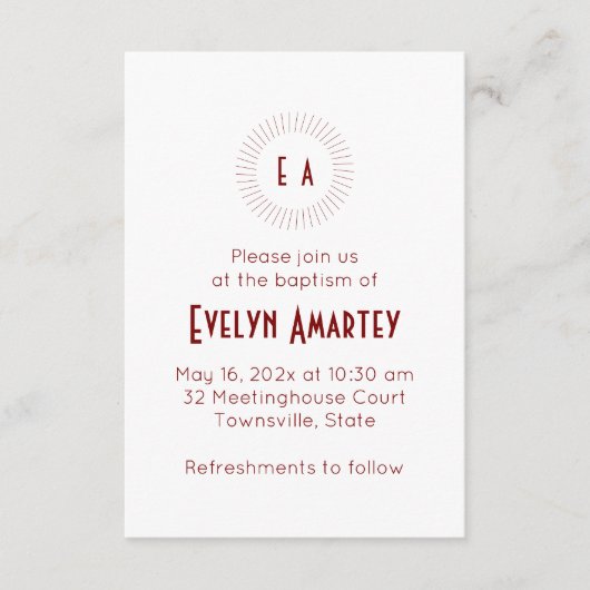 Red Monogram Circle Baptism Invitation エンクロージャーカード (正面)