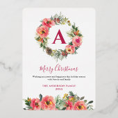 Red Monogram Pink Botanical Wreath Christmas Card 箔シーズンカード (正面)