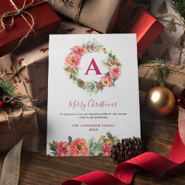 Red Monogram Pink Botanical Wreath Christmas Card 箔シーズンカード