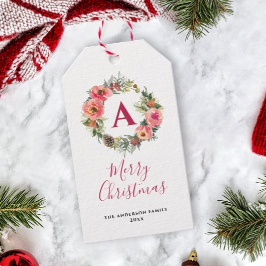 Red Monogram Pink Wreath Greenery Christmas ギフトタグ