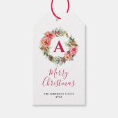 Red Monogram Pink Wreath Greenery Christmas ギフトタグ (正面)