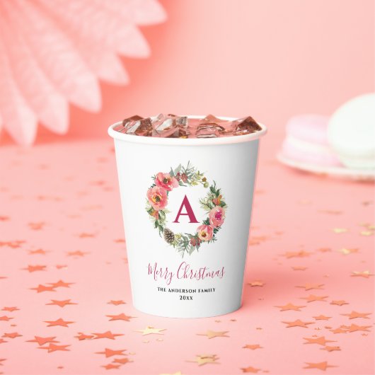 Red Monogram Pink Wreath Greenery Christmas Party 紙コップ (インサイチュ)