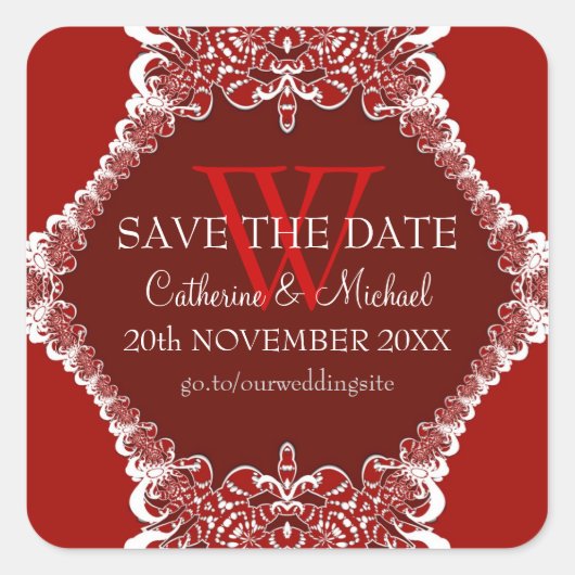 Red Monogram Tribalのアニ結婚メントステッカー スクエアシール (正面)