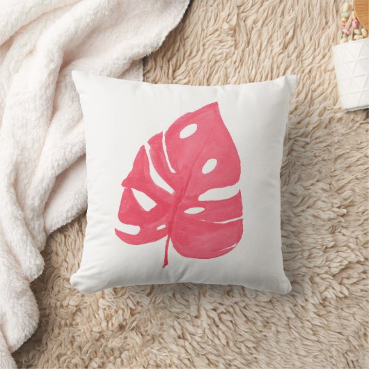 Red Monstera leaf printed throw pillow クッション (ブランケット)