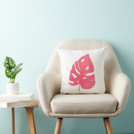 Red Monstera leaf printed throw pillow クッション