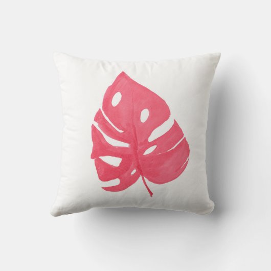 Red Monstera leaf printed throw pillow クッション (裏面)