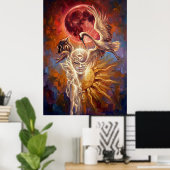 Red Moon Crane Symbolic Art Poster ポスター (ホームオフィス)