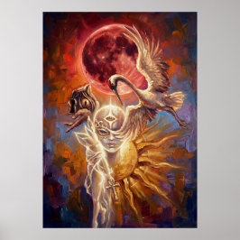 Red Moon Crane Symbolic Art Poster ポスター