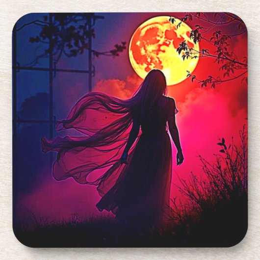Red Moon Shadow Woman Mystery Design コースター (正面)