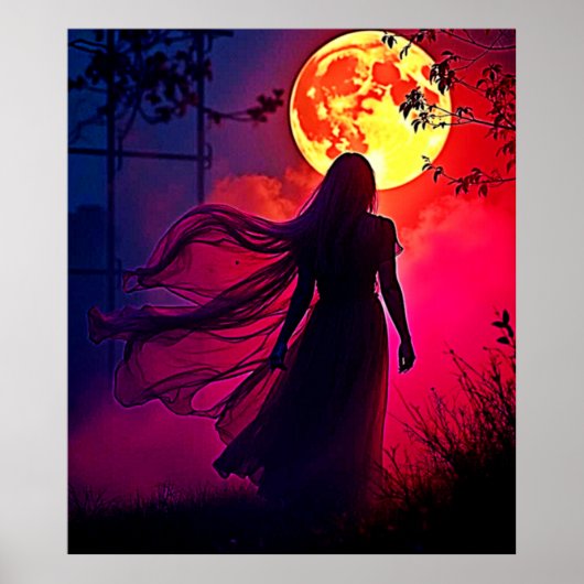 Red Moon Shadow Woman Mystery Design ポスター (正面)