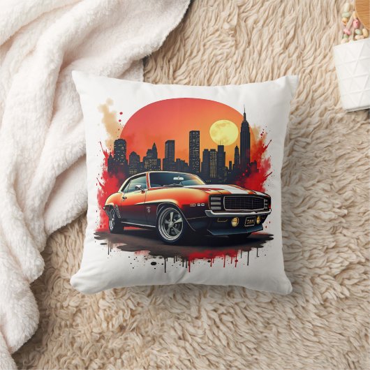 Red Muscle Car with Urban Skyline Accent クッション (ブランケット)