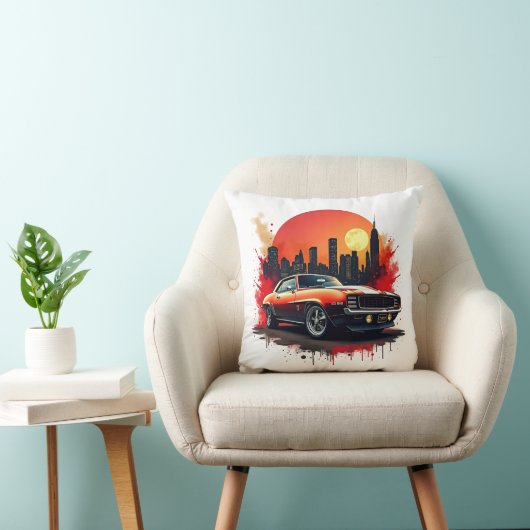 Red Muscle Car with Urban Skyline Accent クッション (椅子)
