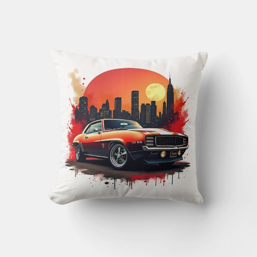 Red Muscle Car with Urban Skyline Accent クッション (正面)