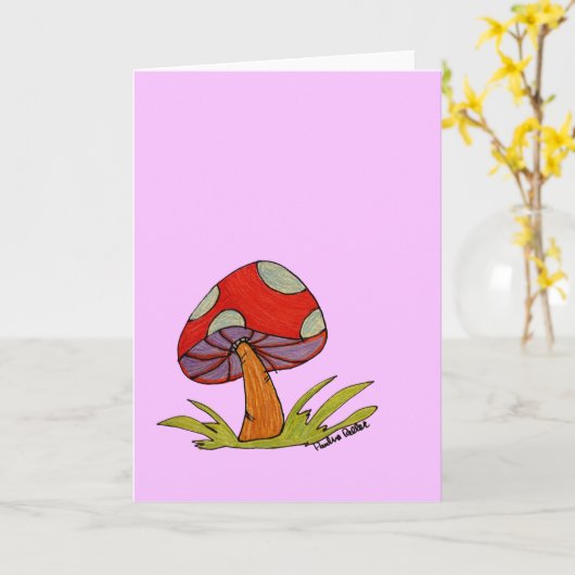 Red Mushroom with purple background カード (黄色い花)