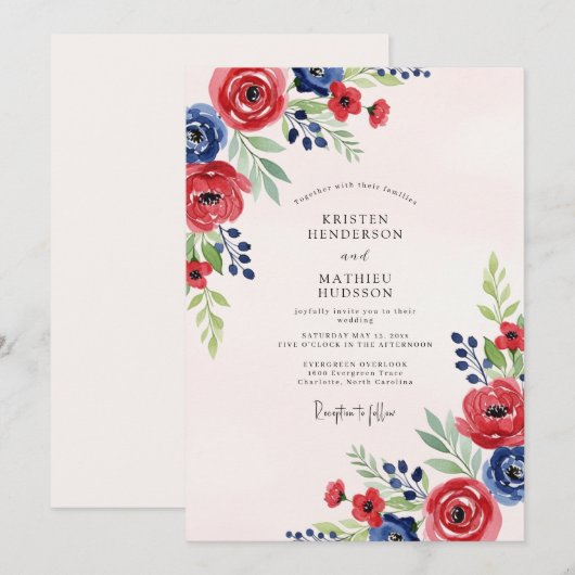 Red Navy Blue Watercolor Summer Wedding 招待状 (正面/裏面)