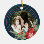 Red Navy Circleクリスマスフォトポインセチアフローラ セラミックオーナメント (正面)