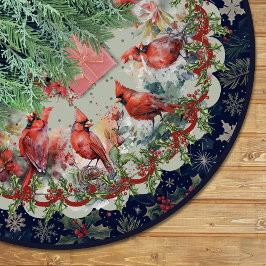 Red navy festive cardinals floral christmas custom ブラッシュドポリエステルツリースカート