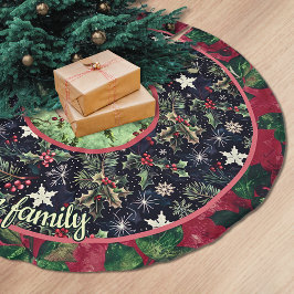 Red navy festive floral christmas pattern custom ブラッシュドポリエステルツリースカート