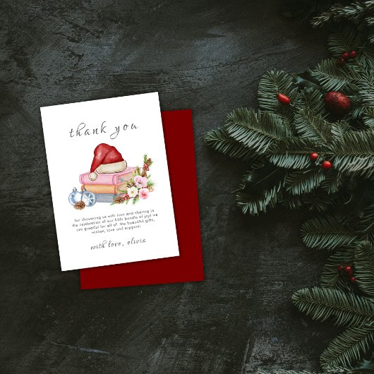 Red New Chapter Begins Winter Floral Baby Shower  サンキューカード