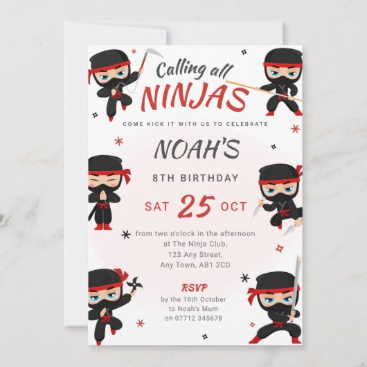 Red Ninja Birthday Invitation - Karate Party 招待状 (正面)