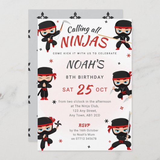 Red Ninja Birthday Invitation - Karate Party 招待状 (正面/裏面)