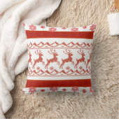 Red Nordic Reindeer Knit Pattern Christmas Pillow クッション (ブランケット)