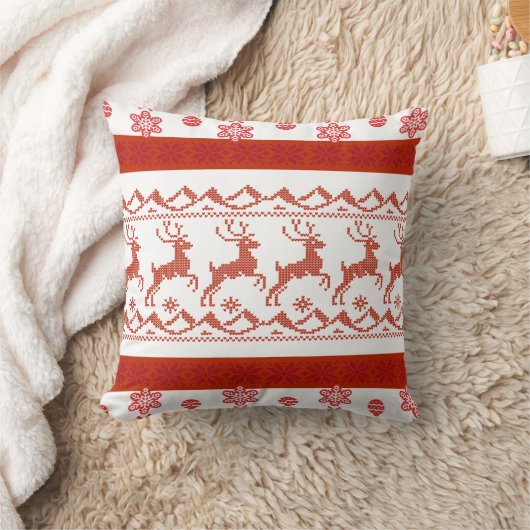 Red Nordic Reindeer Knit Pattern Christmas Pillow クッション (ブランケット)