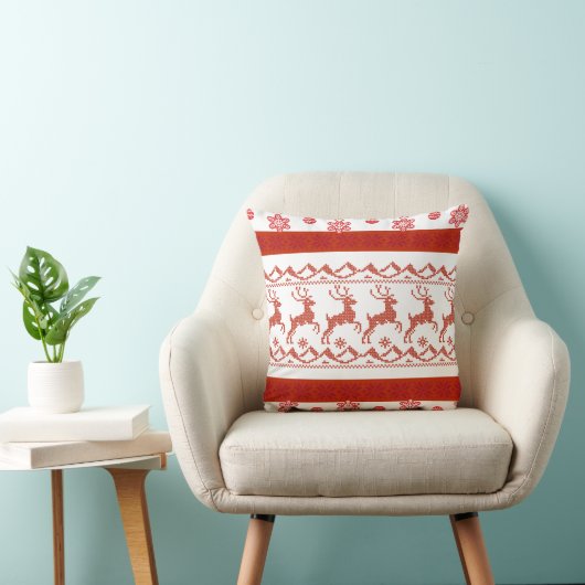 Red Nordic Reindeer Knit Pattern Christmas Pillow クッション (椅子)