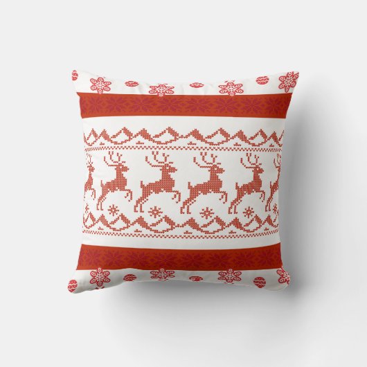 Red Nordic Reindeer Knit Pattern Christmas Pillow クッション (裏面)