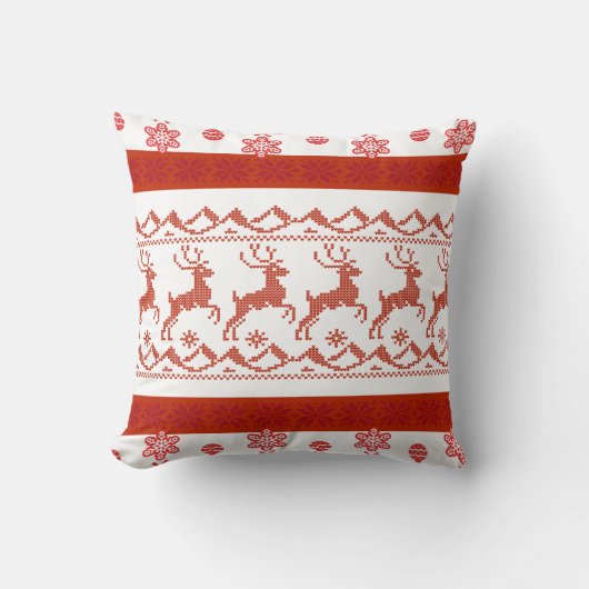 Red Nordic Reindeer Knit Pattern Christmas Pillow クッション (正面)