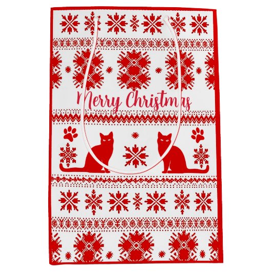 Red Nordic Sitting Cat Christmas ミディアムペーパーバッグ (正面)