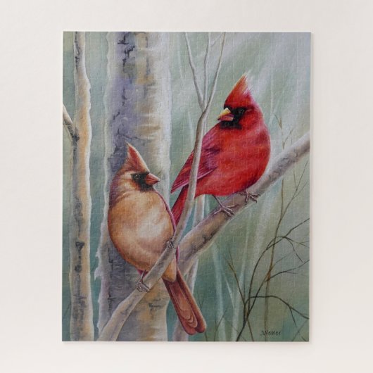 Red Northern Cardinal Bird Pair Watercolor Art ジグソーパズル (縦)