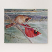 Red Northern Cardinal Bird Pair Watercolor Art ジグソーパズル (横)