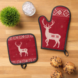 Red Norwegian Knit w/ Deer, Oven Mitt & Pot Holder 鍋つかみ&鍋敷きセット
