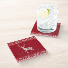 Red Norwegian Knit with Deer, Glass Coaster ガラスコースター