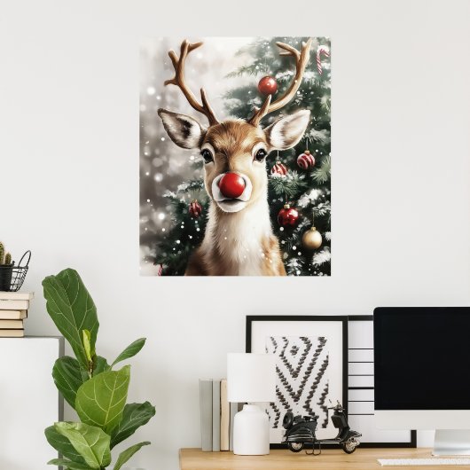 Red Nose Reindeer Christmas Wall Art ポスター (ホームオフィス)