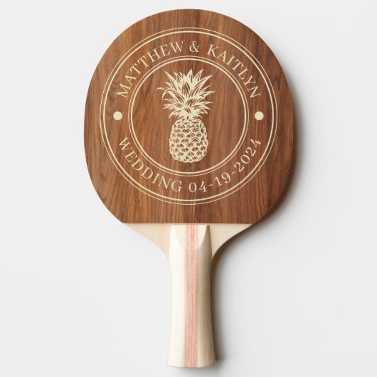 Red Oak Wood Pineapple Wedding Crest & Names 卓球ラケット (裏面)