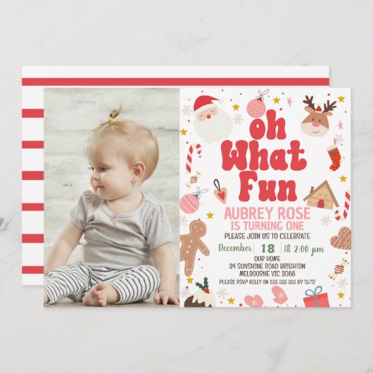 Red Oh Whatおもしろい写真クリスマス1st誕生日 招待状 (正面/裏面)