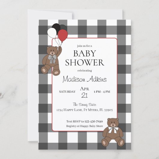 Red on Black Buffalo Check Teddy Bears Baby Shower 招待状 (正面)