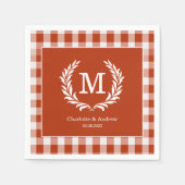 Red-Orange Gingham Monogram Crest Custom スタンダードカクテルナプキン (正面)