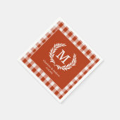 Red-Orange Gingham Monogram Crest Custom スタンダードカクテルナプキン (角)